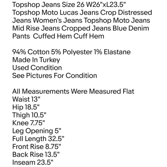 Topshop Jeans Size 26 W26"xL23.5" Topshop Moto Lucas Jeans Crop Distressed Jeans - Picture 2 of 8